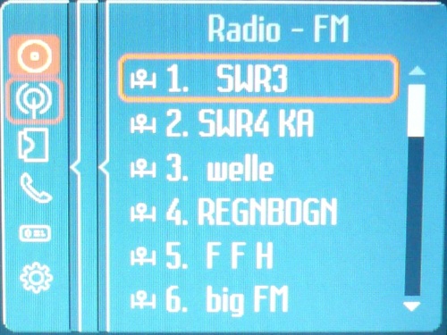 Liste der gespeicherten Radiosender. 